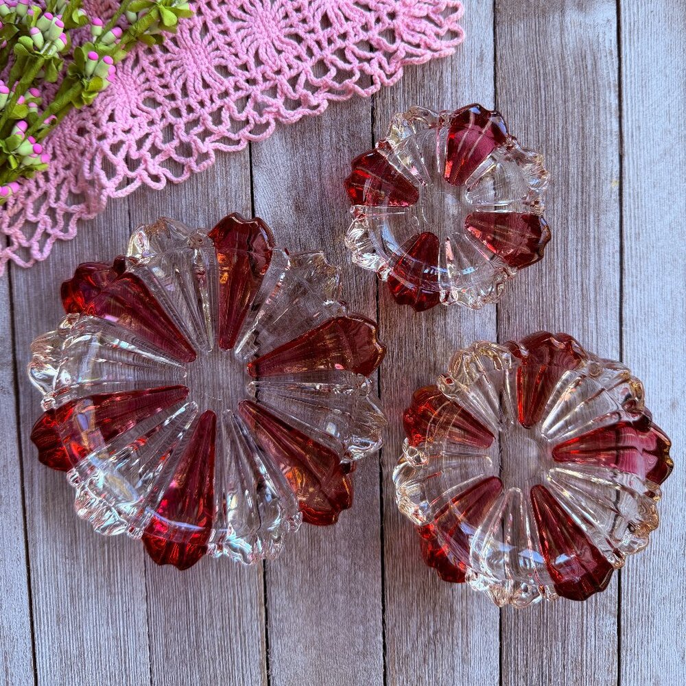 Vintage Cranberry Pink and Clear 3 Nesting Glass Trinket Trays Bohemian Crystal